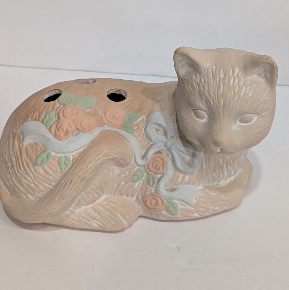 Vintage Ceramic Bisque Cat Pomander Flower Frog Dried Floral Stem Holder 6"